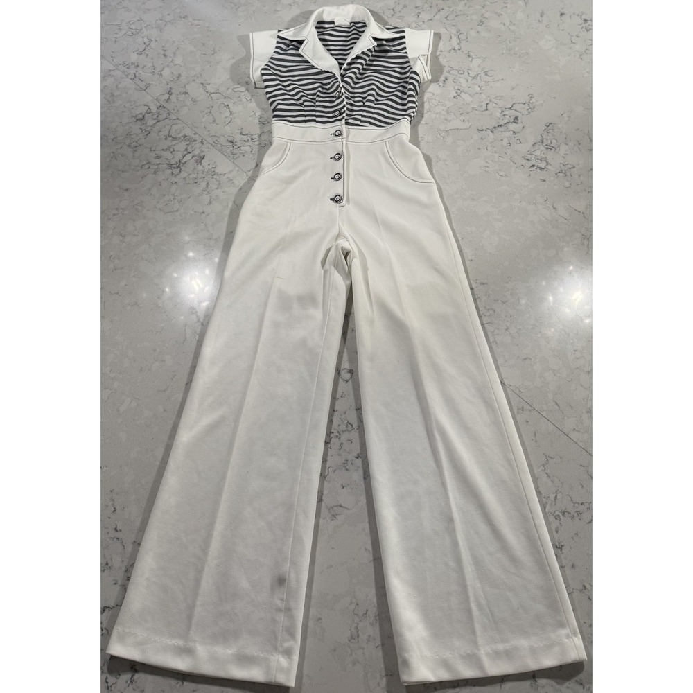 VTG 70s Honey Togs of Texas Wide Leg Jumpsuit Womens 9 White Black Striped
